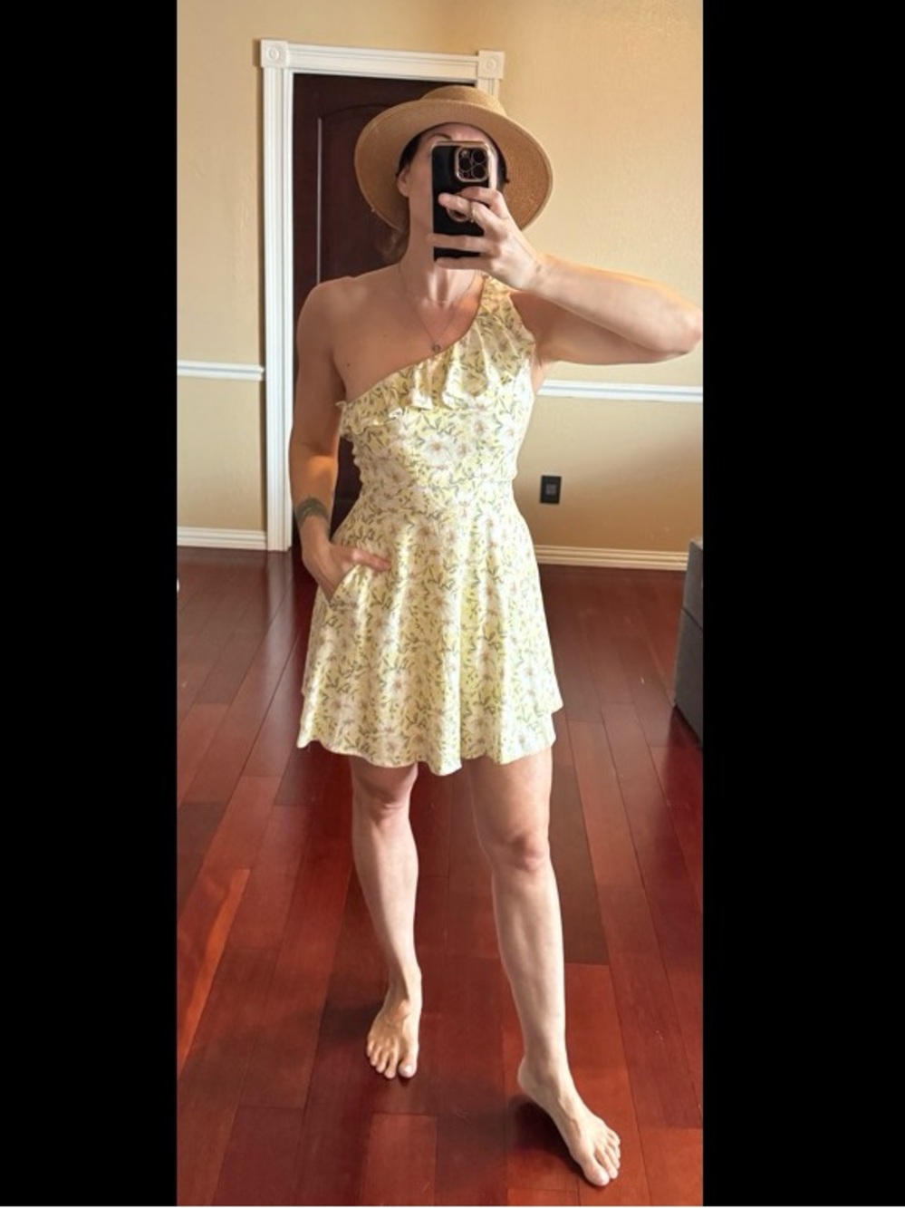 Ami One-Shoulder Lemon Floral Ruffle Mini Dress